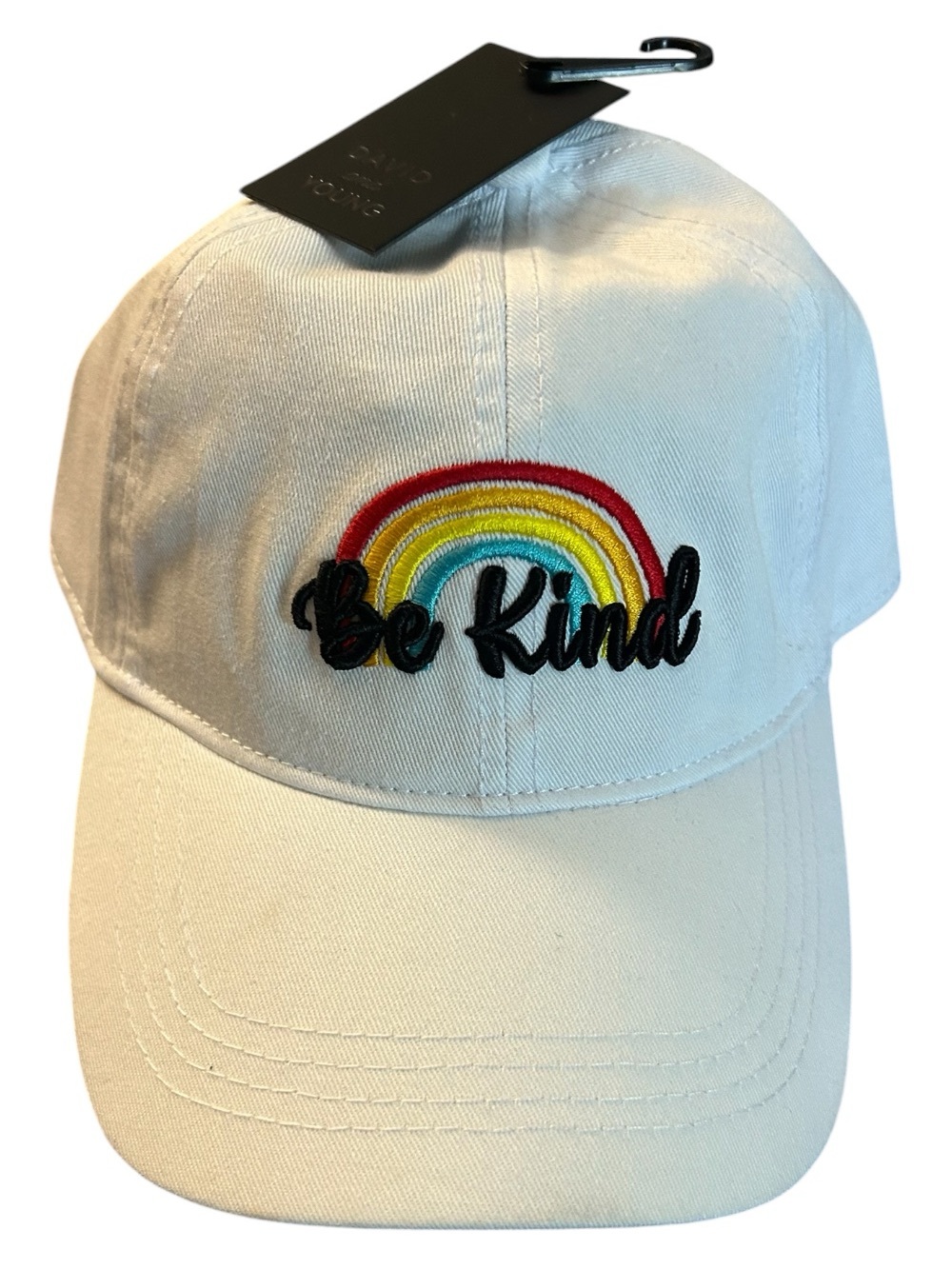 David and Young White Baseball Hat w Rainbow & Be Kind text NWT Adjustable Pride